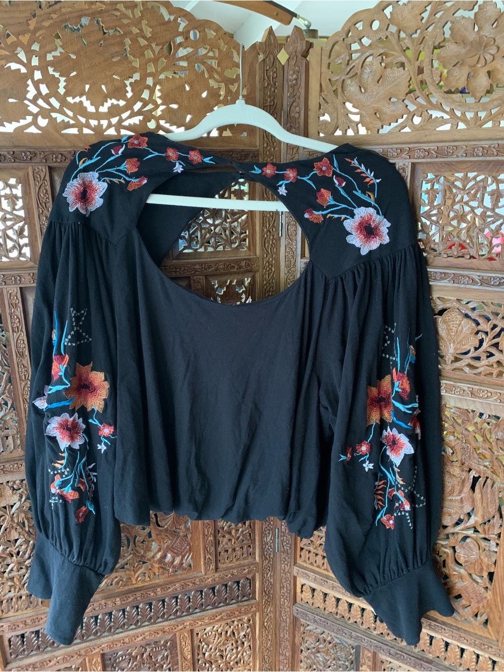Free People Black Embroidered Puff-Sleeve Blouse - Picture 1 of 4